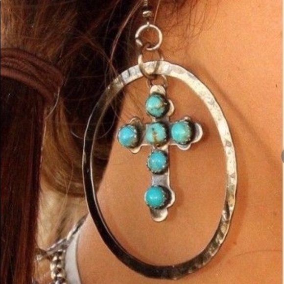 Hammered Silver Oval Turquoise Cross Earrings - Picture 1 of 7